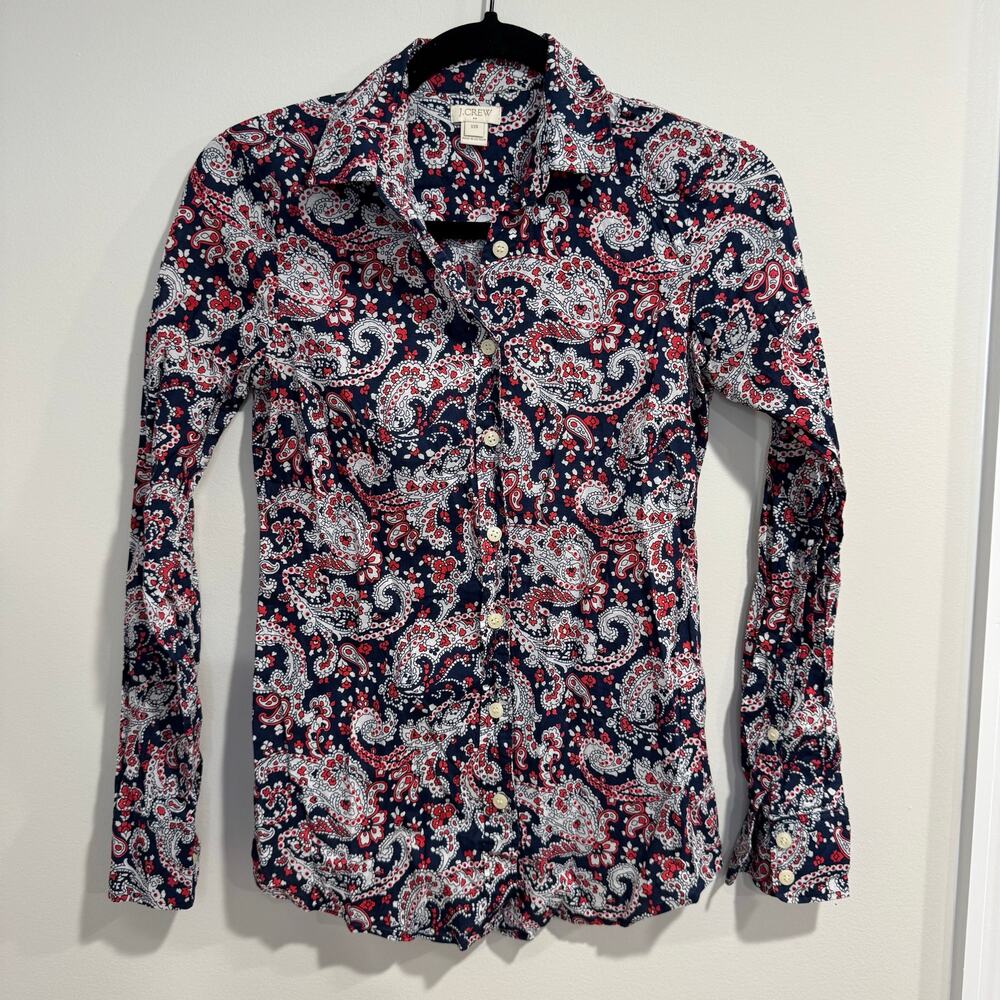 J.Crew Womens Red White Blue Paisley Long Sleeve Button Up Down Shirt Size XXS